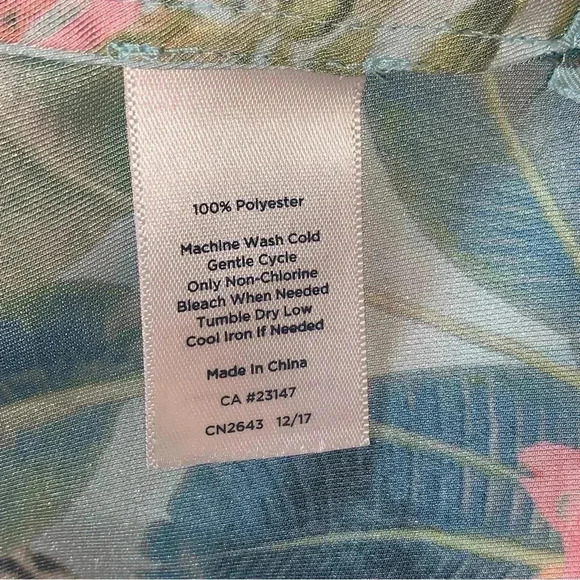 RSVP by Talbots Blouse Aqua Tropical Jungle Print L Flutter Sleeve Floral Monkey - Picture 8 of 9